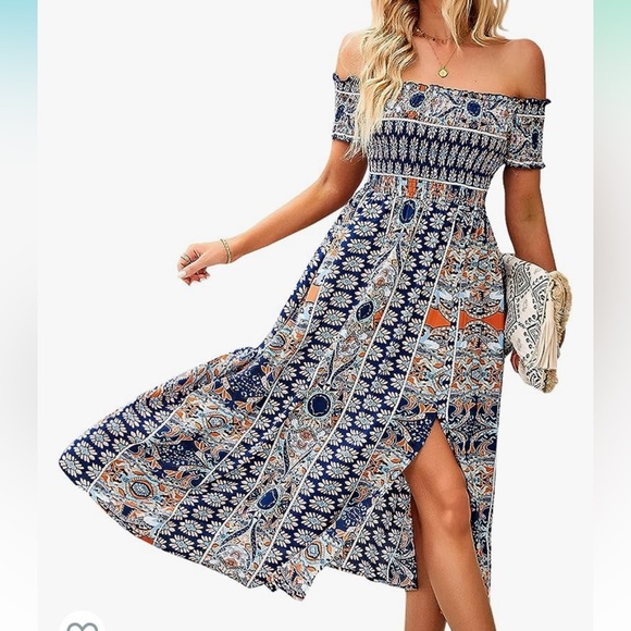 Off The Shoulder Dresses Boho Flowy Smocked Maxi Sundress - Picture 2 of 3